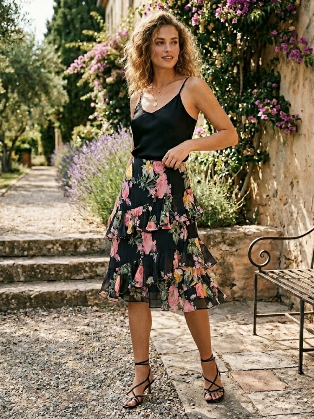 CHAPS Size XL Chiffon Black Pink Floral Tiered Ruffle Knee Length Skirt Fairy